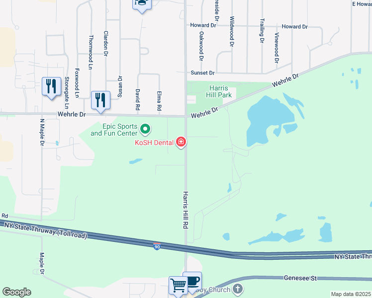 map of restaurants, bars, coffee shops, grocery stores, and more near 338 Harris Hill Road in Williamsville