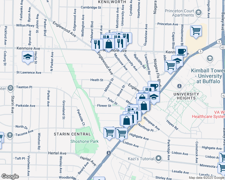 map of restaurants, bars, coffee shops, grocery stores, and more near 135 Merrimac Street in Buffalo