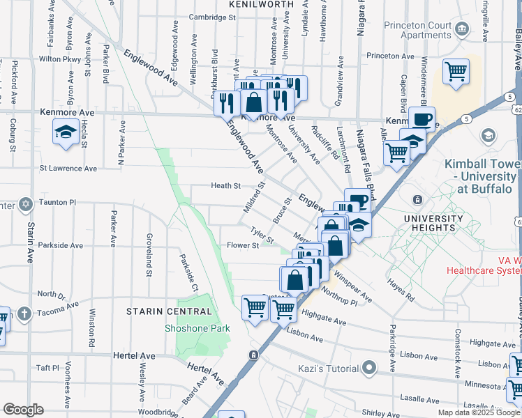 map of restaurants, bars, coffee shops, grocery stores, and more near 135 Merrimac Street in Buffalo