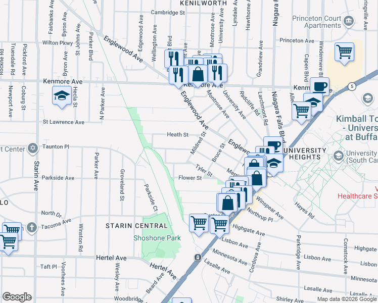 map of restaurants, bars, coffee shops, grocery stores, and more near in Buffalo