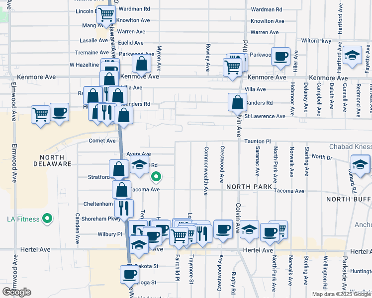 map of restaurants, bars, coffee shops, grocery stores, and more near 223 Virgil Avenue in Buffalo