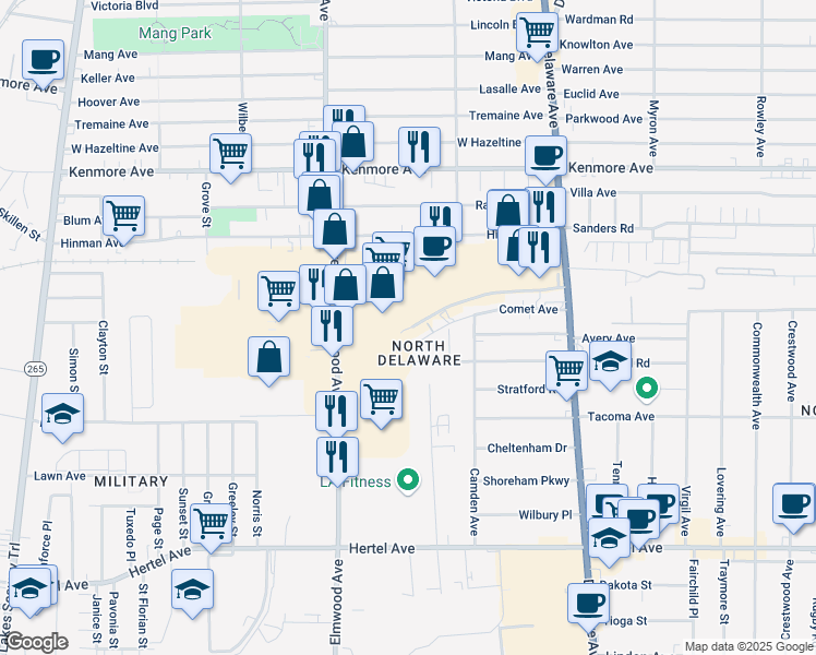 map of restaurants, bars, coffee shops, grocery stores, and more near 155 Comet Ave in Buffalo