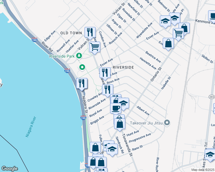 map of restaurants, bars, coffee shops, grocery stores, and more near 935 Tonawanda Street in Buffalo