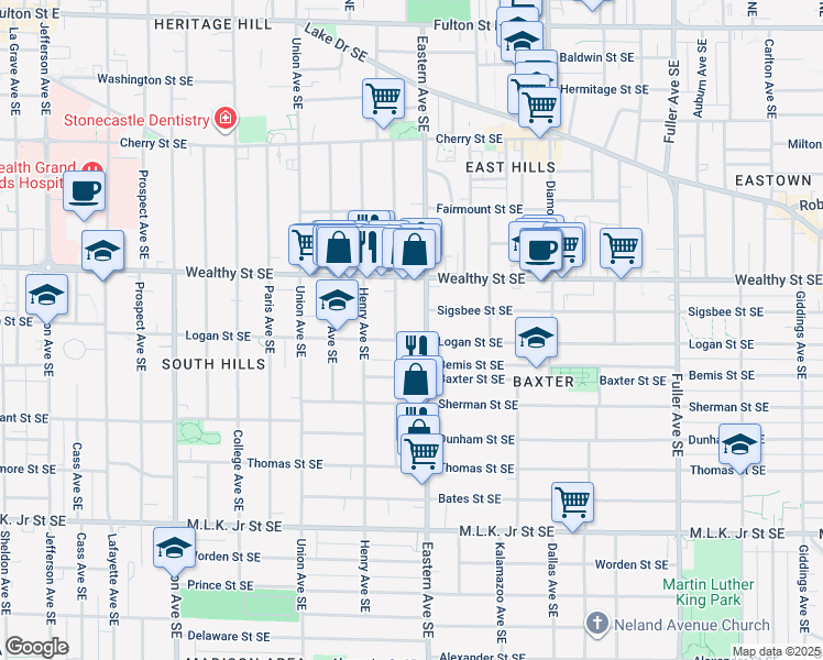 map of restaurants, bars, coffee shops, grocery stores, and more near 743 Logan Street Southeast in Grand Rapids