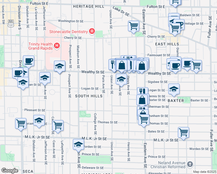 map of restaurants, bars, coffee shops, grocery stores, and more near 457 Union Avenue Southeast in Grand Rapids