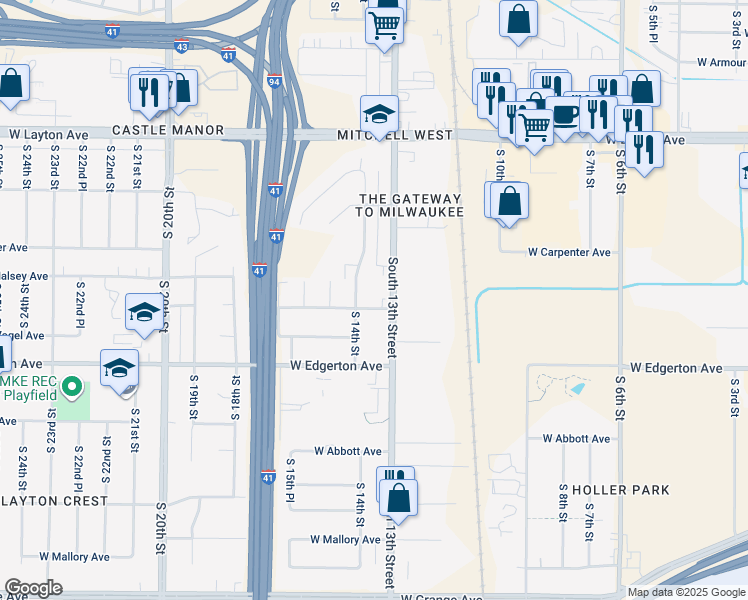 map of restaurants, bars, coffee shops, grocery stores, and more near 1324 West Holmes Avenue in Milwaukee