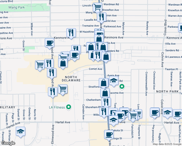 map of restaurants, bars, coffee shops, grocery stores, and more near 163 Avery Ave in Buffalo