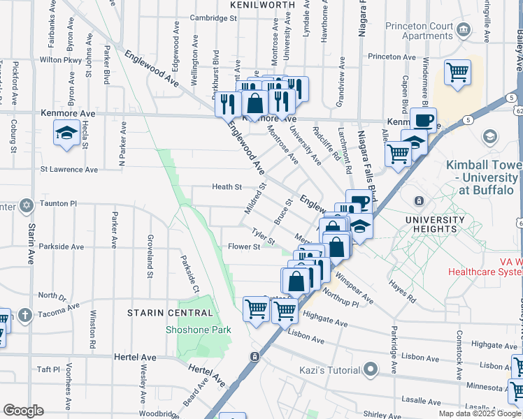 map of restaurants, bars, coffee shops, grocery stores, and more near 135 Merrimac Street in Buffalo