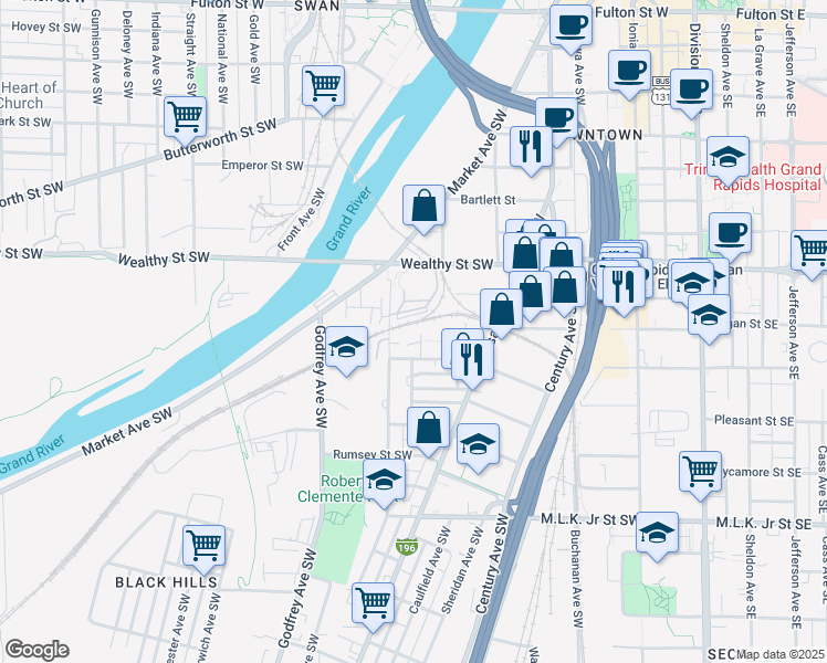 map of restaurants, bars, coffee shops, grocery stores, and more near 509 Osgood Place Southwest in Grand Rapids