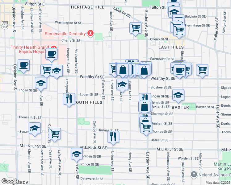 map of restaurants, bars, coffee shops, grocery stores, and more near 457 James Avenue Southeast in Grand Rapids