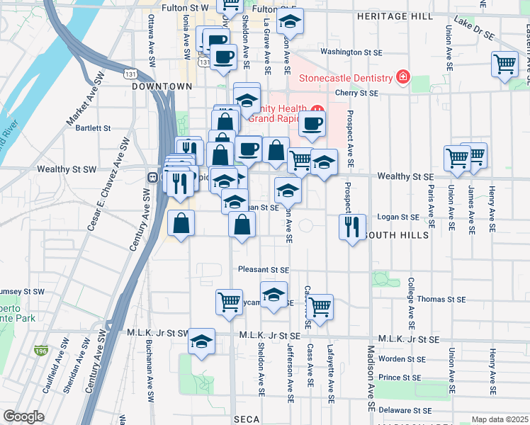 map of restaurants, bars, coffee shops, grocery stores, and more near 505 La Grave Avenue Southeast in Grand Rapids