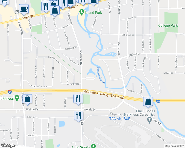 map of restaurants, bars, coffee shops, grocery stores, and more near in Buffalo