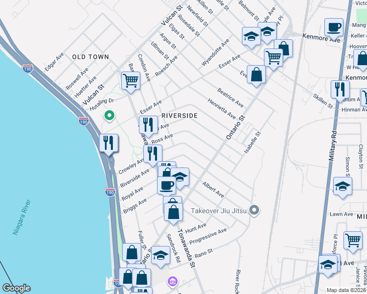 map of restaurants, bars, coffee shops, grocery stores, and more near 183 Crowley Avenue in Buffalo