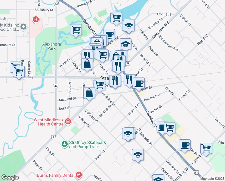 map of restaurants, bars, coffee shops, grocery stores, and more near in Strathroy