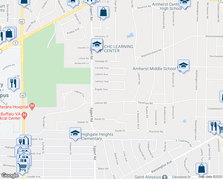 map of restaurants, bars, coffee shops, grocery stores, and more near 75 Argyle Avenue in Buffalo