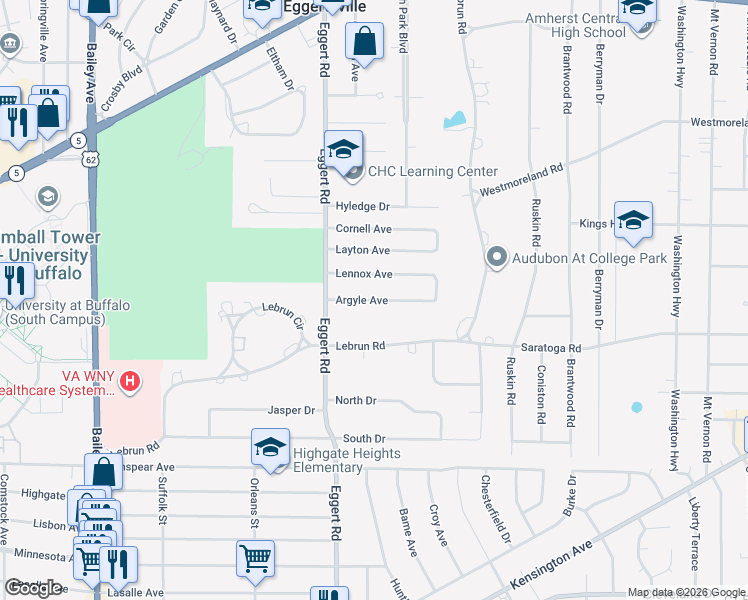 map of restaurants, bars, coffee shops, grocery stores, and more near 60 Argyle Avenue in Buffalo