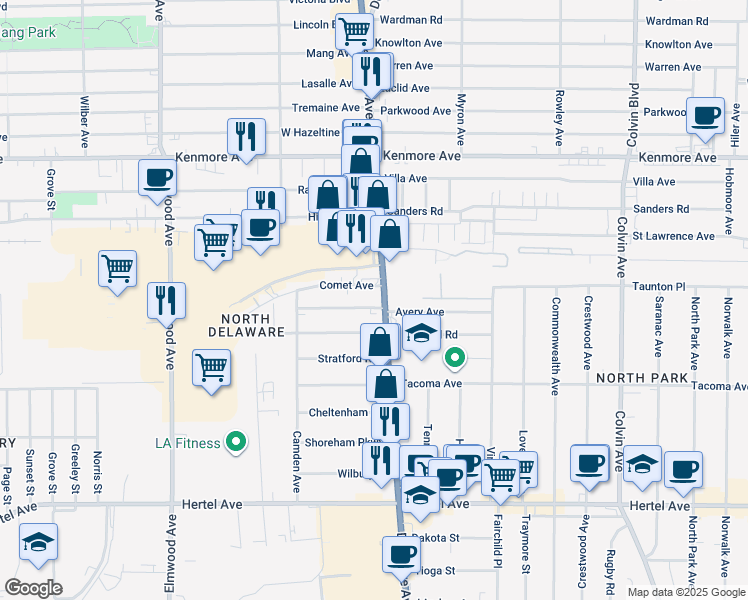 map of restaurants, bars, coffee shops, grocery stores, and more near 125 Avery Avenue in Buffalo