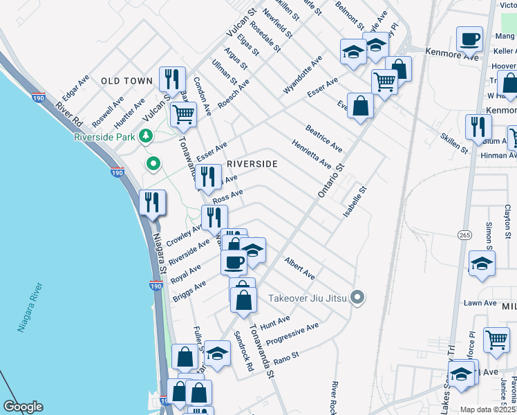 map of restaurants, bars, coffee shops, grocery stores, and more near 183 Crowley Avenue in Buffalo