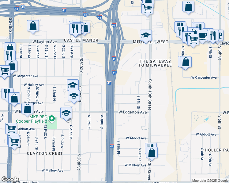 map of restaurants, bars, coffee shops, grocery stores, and more near 4945 South 16th Street in Milwaukee