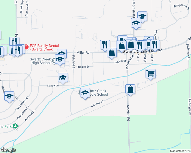 map of restaurants, bars, coffee shops, grocery stores, and more near 5119 School St in Swartz Creek