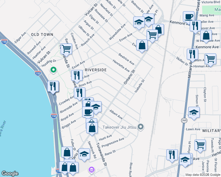 map of restaurants, bars, coffee shops, grocery stores, and more near 218 Crowley Avenue in Buffalo