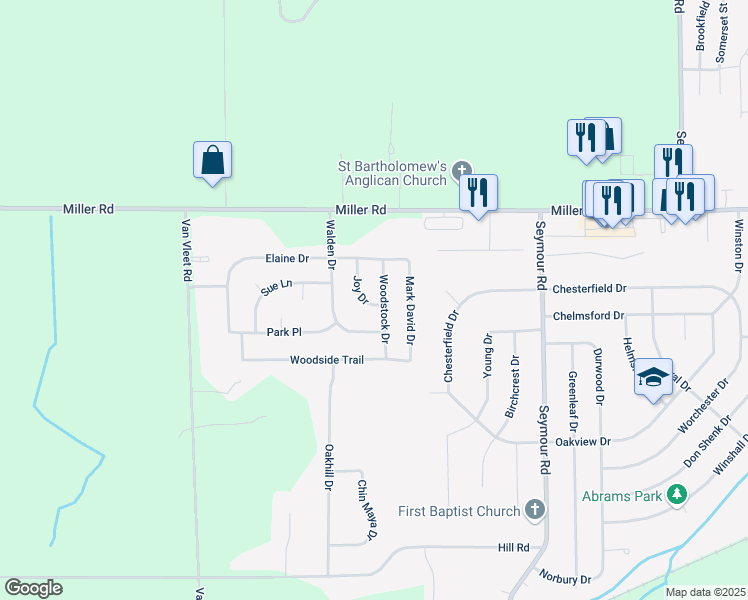 map of restaurants, bars, coffee shops, grocery stores, and more near 5104 Woodstock Drive in Swartz Creek