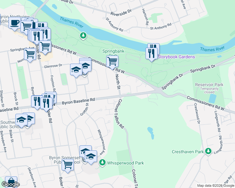map of restaurants, bars, coffee shops, grocery stores, and more near 1099 Byron Baseline Road in London