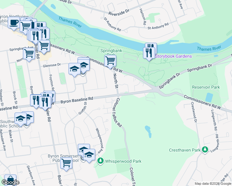 map of restaurants, bars, coffee shops, grocery stores, and more near 1097 Byron Baseline Road in London