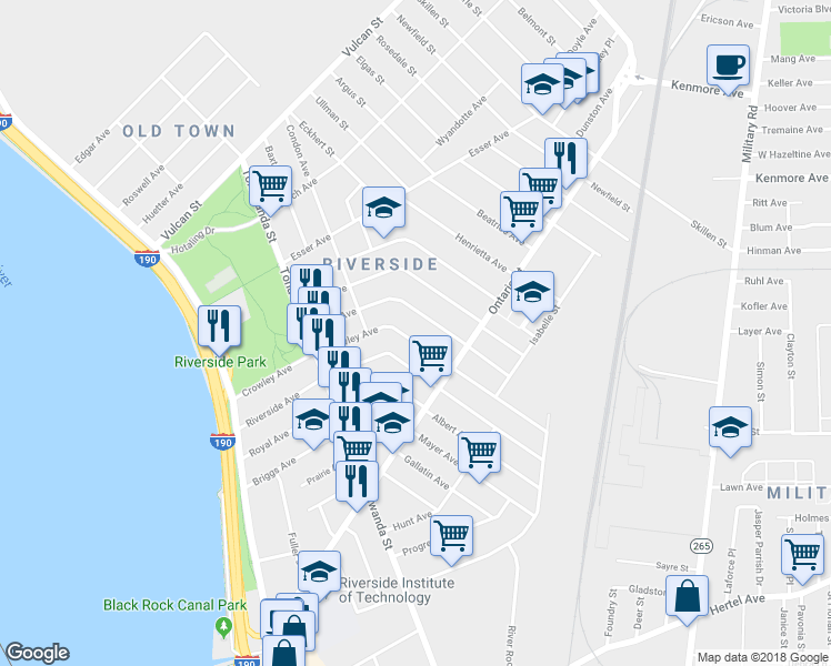 map of restaurants, bars, coffee shops, grocery stores, and more near 204 Crowley Avenue in Buffalo
