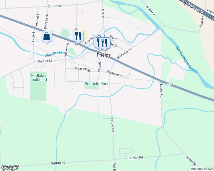 map of restaurants, bars, coffee shops, grocery stores, and more near 33 South Wayne Street in Phelps