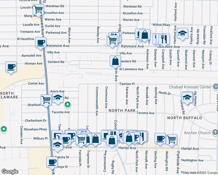 map of restaurants, bars, coffee shops, grocery stores, and more near 485 Colvin Avenue in Buffalo