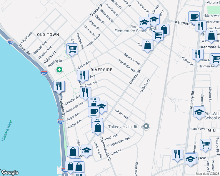 map of restaurants, bars, coffee shops, grocery stores, and more near 218 Crowley Avenue in Buffalo