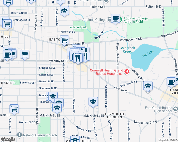map of restaurants, bars, coffee shops, grocery stores, and more near 449 Glenwood Avenue Southeast in Grand Rapids