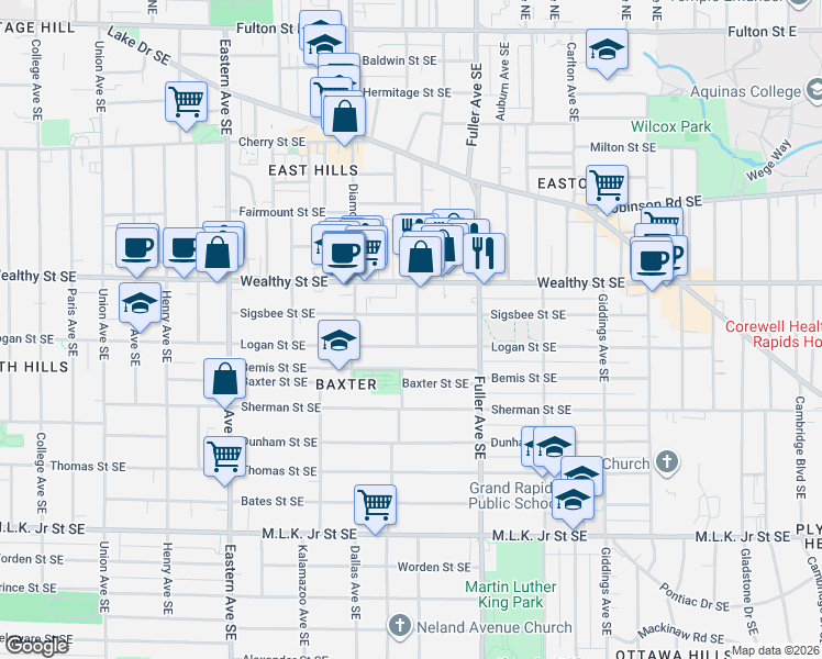 map of restaurants, bars, coffee shops, grocery stores, and more near 1049 Logan Street Southeast in Grand Rapids