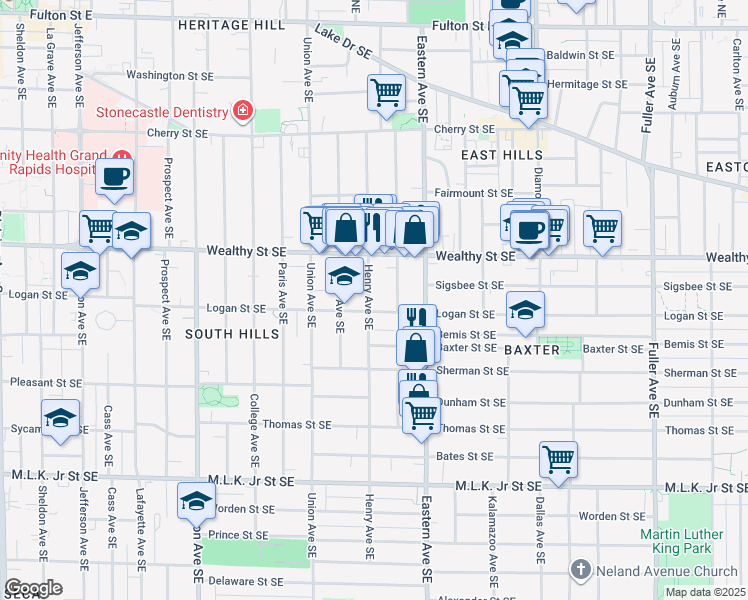 map of restaurants, bars, coffee shops, grocery stores, and more near 701 Logan Street Southeast in Grand Rapids