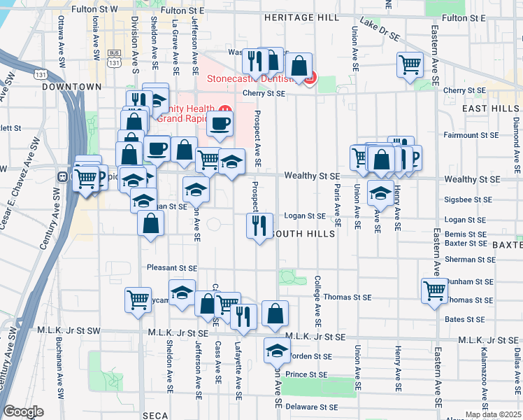 map of restaurants, bars, coffee shops, grocery stores, and more near 459 Prospect Avenue Southeast in Grand Rapids