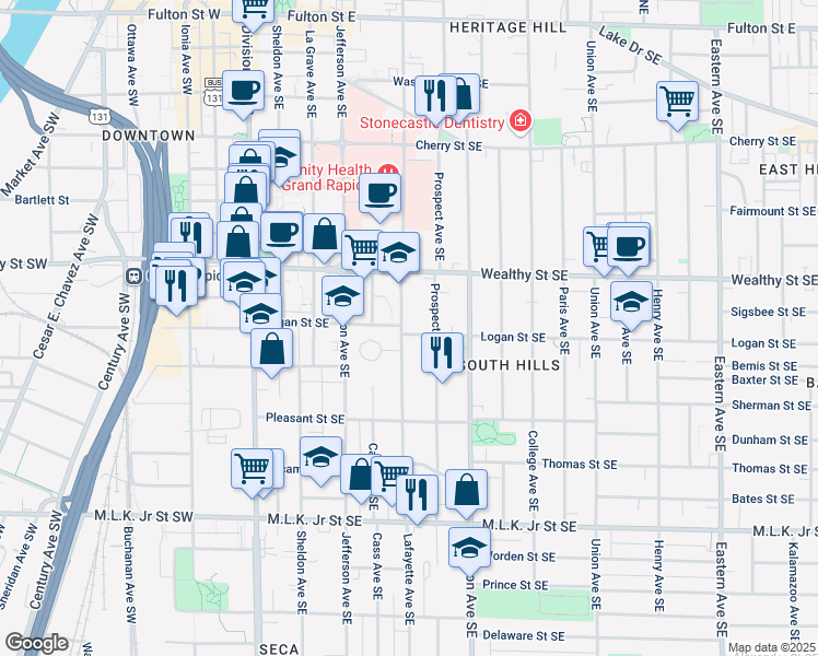 map of restaurants, bars, coffee shops, grocery stores, and more near 501 Lafayette Avenue Southeast in Grand Rapids
