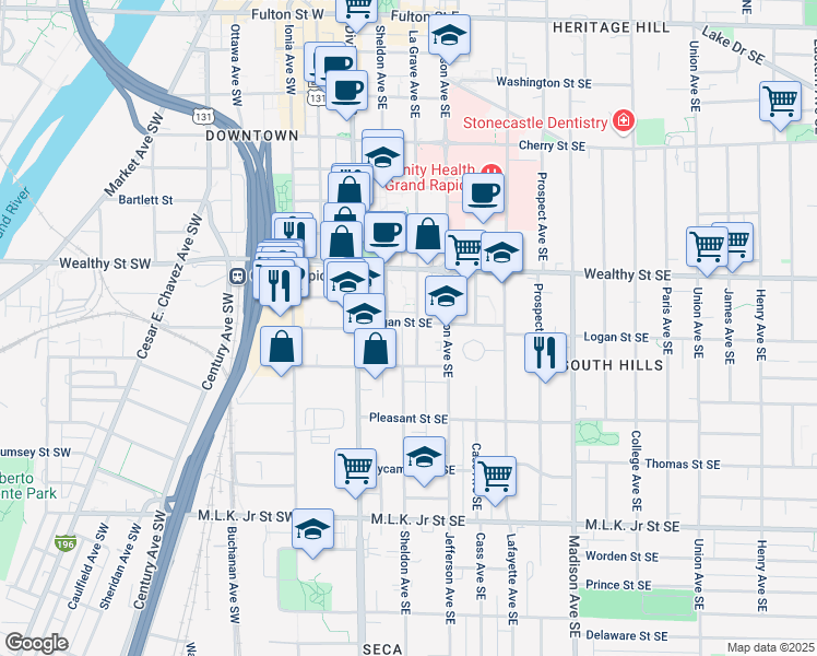 map of restaurants, bars, coffee shops, grocery stores, and more near 510 La Grave Avenue Southeast in Grand Rapids