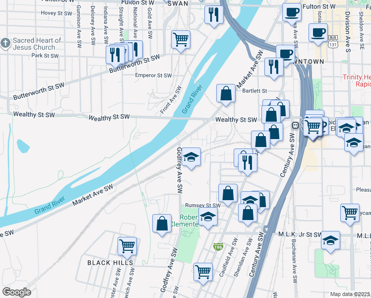 map of restaurants, bars, coffee shops, grocery stores, and more near 450 Market Avenue Southwest in Grand Rapids