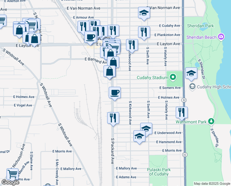 map of restaurants, bars, coffee shops, grocery stores, and more near in Cudahy