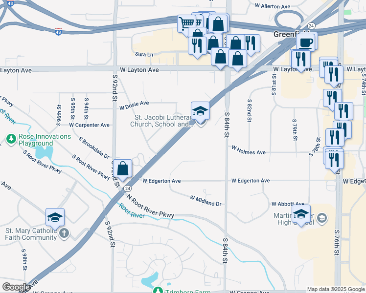 map of restaurants, bars, coffee shops, grocery stores, and more near 8765 West Forest Home Avenue in Greenfield
