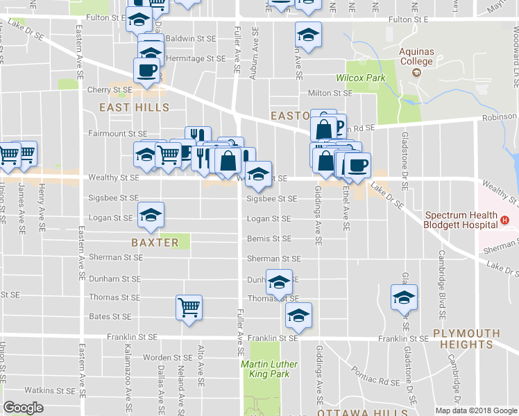 map of restaurants, bars, coffee shops, grocery stores, and more near 1249 Logan Street Southeast in Grand Rapids