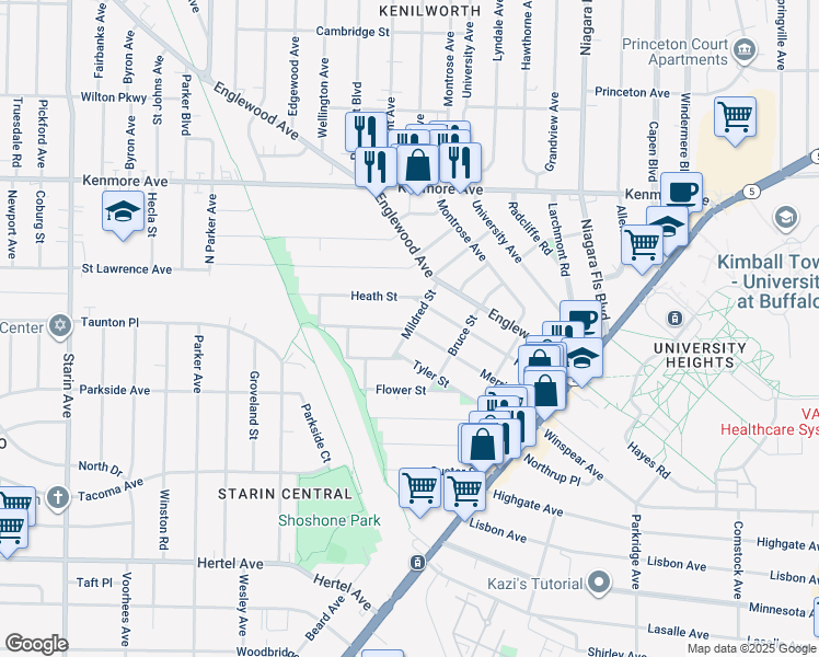 map of restaurants, bars, coffee shops, grocery stores, and more near Merrimac St & Mildred St in Buffalo