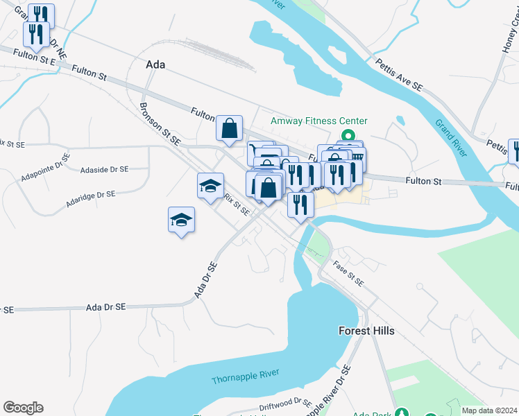 map of restaurants, bars, coffee shops, grocery stores, and more near 615 Ada Drive Southeast in Ada