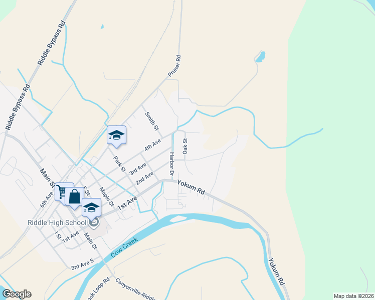 map of restaurants, bars, coffee shops, grocery stores, and more near 247 Oak Street in Riddle