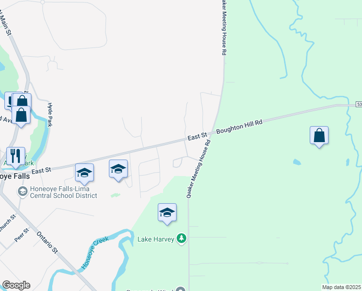 map of restaurants, bars, coffee shops, grocery stores, and more near 243 East Street in Honeoye Falls