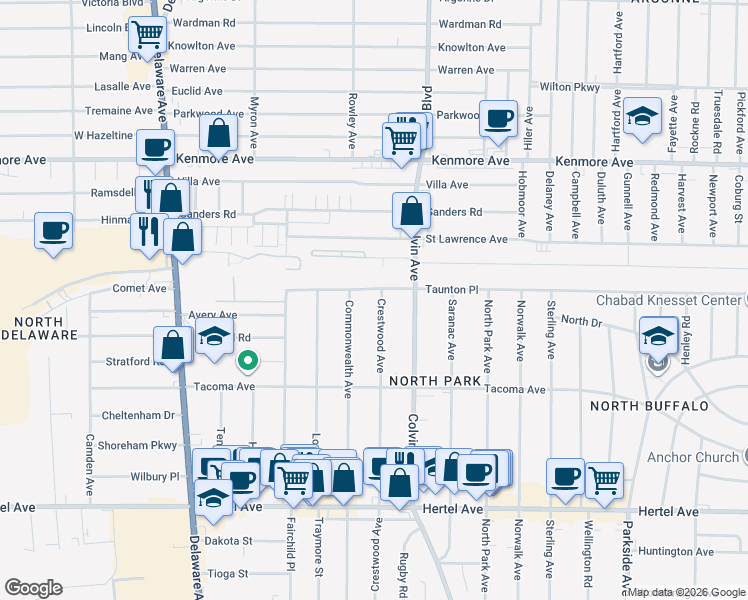 map of restaurants, bars, coffee shops, grocery stores, and more near 324 Crestwood Avenue in Buffalo