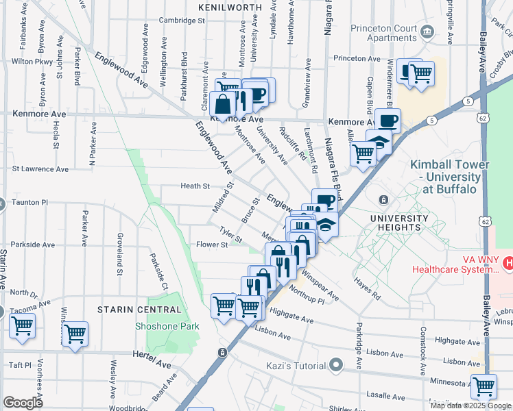 map of restaurants, bars, coffee shops, grocery stores, and more near 113 Heath Street in Buffalo