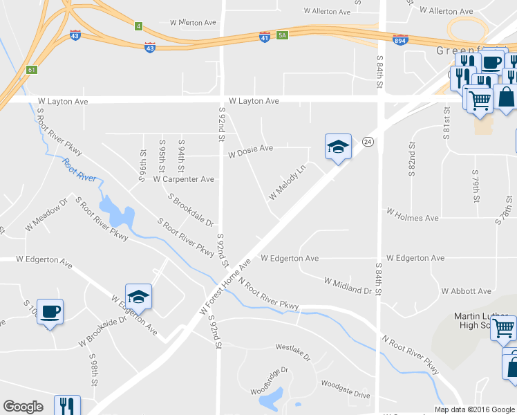 map of restaurants, bars, coffee shops, grocery stores, and more near 8898 Concord Ln in Greenfield