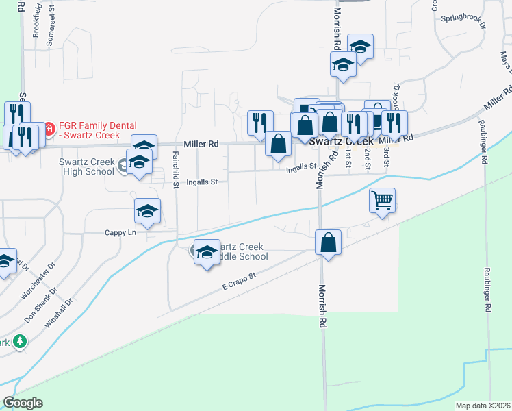 map of restaurants, bars, coffee shops, grocery stores, and more near 5119 School Street in Swartz Creek